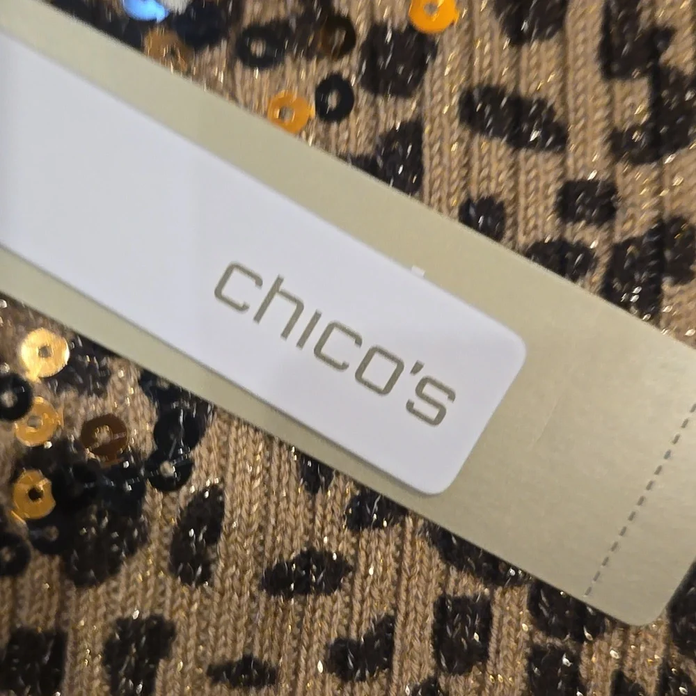 New Chico's Animal Print Sequin/Metallic Accent Vneck Sweater - Picture 3 of 9